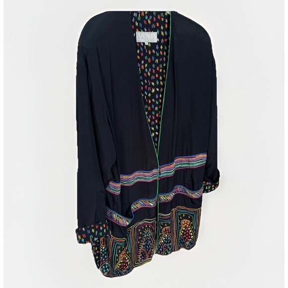 Vtg PLATINUM DOROTHY SCHOELEN Jacket Medium Black Folk Art Boho Oversized USA - Picture 3 of 13